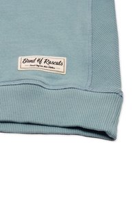 Ljust blå ribbad sweatshirt med en sydd etikett som säger "Band of Rascals" i svart, som beskriver ekologiska barnkläder.