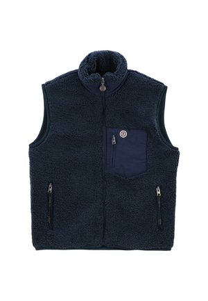 Gilet en polaire bleu marine avec un col haut, fermeture éclair à l'avant, deux poches latérales et une poche poitrine avec un détail de bouton et un tissu texturé.