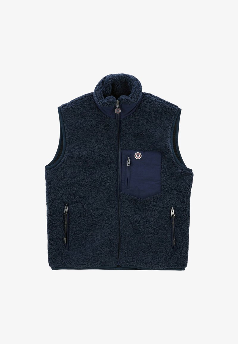 Gilet en polaire bleu marine avec un col haut, fermeture éclair à l'avant, deux poches latérales et une poche poitrine avec un détail de bouton et un tissu texturé.