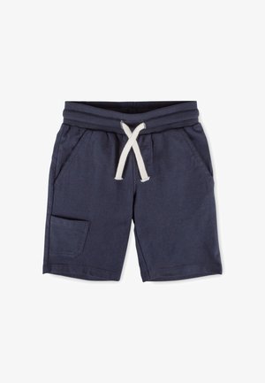 Marineblaue Kinder-Shorts mit geripptem Bund, weißem Kordelzug, Seitentaschen und kleinem Aufsatztasche am linken Bein.
