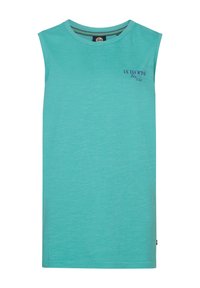 Turkis ærmel�øs T-shirt i blødt, letstof. Har en rund halsudskæring og et lille logo trykt på brystet.