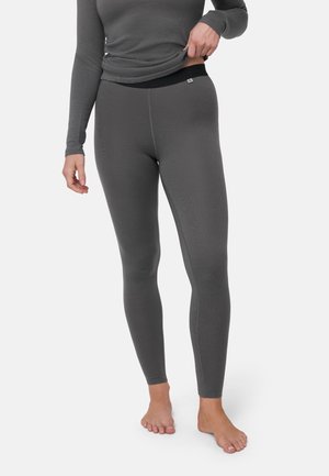 Leggings gris avec une texture lisse et une ceinture noire. Dotés d'une coupe ajustée et de détails de couture minimalistes.