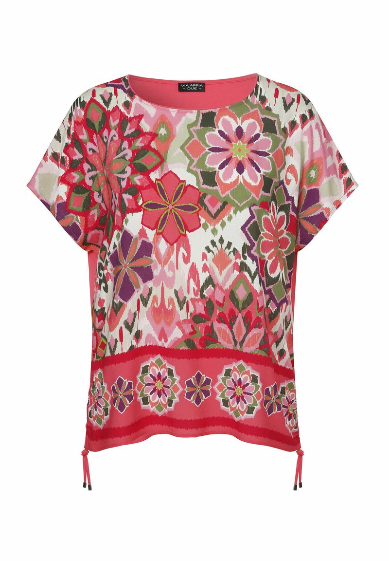 Mehrfarbige Bluse mit floralem Druck, kurzen Ärmeln, rundem Ausschnitt und verstellbaren Kordeln am Saum. Lebendige Farbtöne von Pink, Grün und Lila.