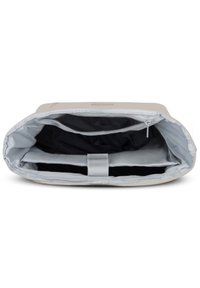 Light gray, rectangular bag with a zip closure; interior features two compartments and a padded divider; smooth fabric texture.