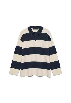 Langarm-Polohemd mit breiten, navy-blauen und weißen Horizontalstreifen sowie drei schwarzen Knöpfen auf der Vorderseite des Kragens.