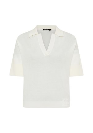 Weißes kurzärmliges Strick-Poloshirt mit tiefem V-Ausschnitt und einem kleinen, strukturierten Logoaufnäher in der Nähe des Saums.