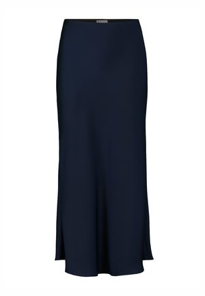 Navyblauw midi-jurkje in een soepele stof, met een aansluitende taille en een uitlopende zoom, voorzien van zijslits voor extra bewegingsvrijheid.