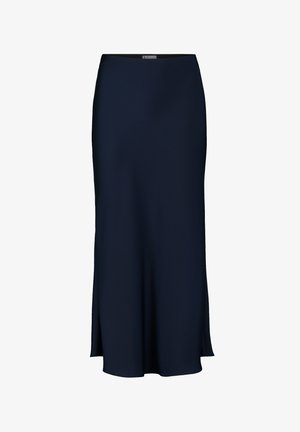 Navyblauw midi-jurkje in een soepele stof, met een aansluitende taille en een uitlopende zoom, voorzien van zijslits voor extra bewegingsvrijheid.