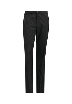 Zwarte broek gemaakt van lichtgewicht, waterbestendig materiaal. Heeft een rechte pijp, een elastische tailleband en een minimalistische stijl.