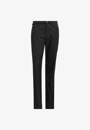 Black pants made of lightweight, water-resistant fabric. Features a straight-leg design, elastic waistband, and a minimalistic style.
