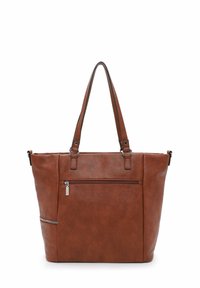 Borsa tote sintetica marrone con due spallacci, una tasca frontale con cerniera e una texture liscia. Presenta una cerniera laterale e hardware accentuato.