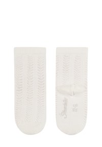 Weiße gestrickte Socken mit einem strukturierten Chevron-Muster, ausgestattet mit einem gerippten Bündchen und einer glatten Fußsohle. Markennamen auf der Sohle gedruckt.