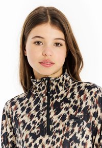 Pulóver s polovičným zipsom vyrobený z ľahkej, vzorovanej tkaniny v béžovej, hnedej a čiernej farbe. Má vysoký golier a logo na hrudi.