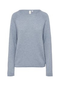 Helles blaues Langarmpullover mit strukturiertem, geripptem Design, Rundhalsausschnitt und lockerer Passform. Weicher Stoff mit dezenten horizontalen Linien.