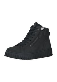 Zapatillas altas negras de ante, con una suela de goma texturizada, detalle de cremallera en el lateral y cierre tradicional con cordones.