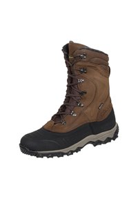 Braune Leder- und Kunstfaser-Wanderstiefel mit schwarzem Gummispitzenkappenkappe, gepolstertem Kragen und Metallösen für die Schnürsenkel. Robuste, profilierten Außensohle.