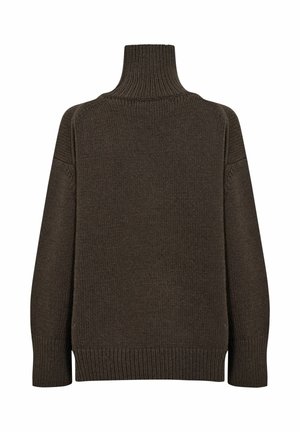 Pull en maille marron foncé avec un col haut, des poignets côtelés et un motif en tricot texturé. Forme boxy avec des épaules tombantes.