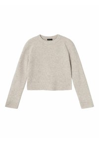 Maglione corto grigio chiaro realizzato in materiale a costine. Presenta un collo rotondo e maniche lunghe con una finitura testurizzata.