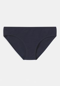 Blaue Bikini-Hosen aus weichem Stoff, mit glatter Oberfläche, mittelhohem Schnitt und standardmäßigen Beinöffnungen ohne sichtbare Beschläge.