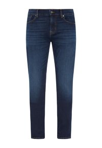Jeans di colore blu scuro in denim, con vestibilità slim, cinque tasche e leggera scoloritura. Comprendono un bottone in metallo e cuciture a contrasto.