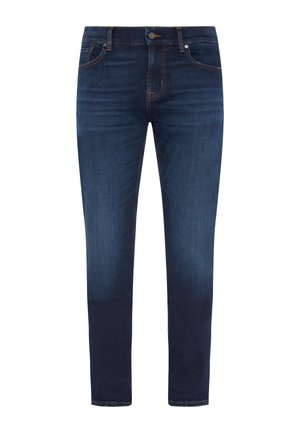 Dunkelblaue Jeans aus Denim, mit schmaler Passform, fünf Taschen und dezentem Ausbleichen. Enthält einen Metallknopf und kontrastierende Nähte.