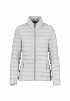 Giacca puffer grigia chiara con colletto alto, chiusura con zip, motivo a righe orizzontali e due tasche laterali. Texture liscia e design leggero.