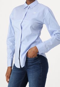 Hemd aus leichtem Stoff mit blauen und weißen vertikalen Streifen, einem klassischen Kragen und einem kleinen Logo auf der oberen linken Seite.