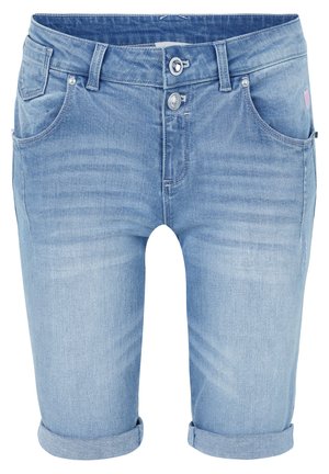 Hellblaue Jeansshorts im klassischen fünf-Taschen-Design, mit zwei Vordertaschen, umgeschlagenen Säumen und silbernen Hardware-Akzenten.