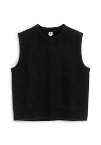 Schwarzer ärmelloser Strickpullover aus weichem Material, mit rundem Ausschnitt und lockerer Passform, ohne sichtbare Muster oder Verzierungen.