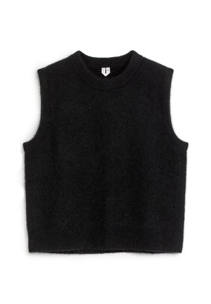 Schwarzer ärmelloser Strickpullover aus weichem Material, mit rundem Ausschnitt und lockerer Passform, ohne sichtbare Muster oder Verzierungen.