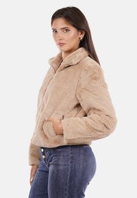 Giacca corta in pelliccia sintetica color tan con zip, colletto alto e tasche laterali. Caratterizzata da maniche lunghe e un aspetto morbido e texturizzato.