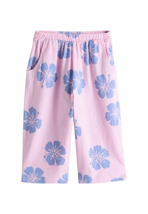 Pink wide-leg pants with blue hibiscus flower prints and an elastic waistband, featuring side pockets.