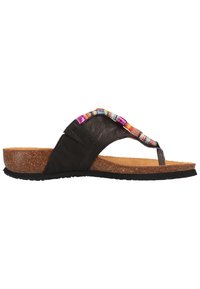 Black sandal with cork midsole and rubber outsole. Features colorful bead accents along the strap, and a toe post design for fit.