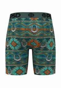 Boxer da uomo con motivo geometrico verde, arancione e turchese con ferro di cavallo. Tessuto morbido con elastico in vita.