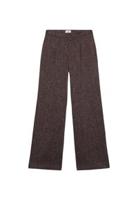 Spodnie o szerokich nogawkach z ciemnobrązowego materiału o fakturze, z przodu z zakładkami i gładkim pasem. Brak kieszeni i dodatkowych elementów metalowych.