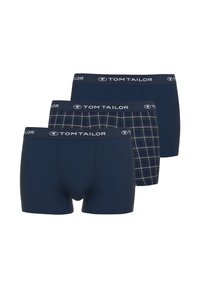 Three pairs of men's boxers: two solid navy, one navy with a plaid pattern. All have a black waistband featuring the "TOM TAILOR" logo.