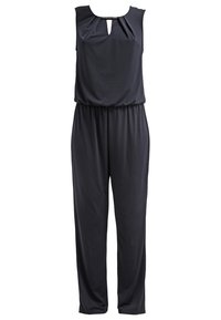 Combinaison noire sans manches avec encolure goutte d'eau et jambes de pantalon amples sur fond blanc uni.