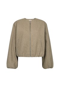 Kort bomberjacka i ljusbrunt texturerat tyg, med dragkedja fram, två sidofickor och elastisk nederkant för en figursydd silhuett.