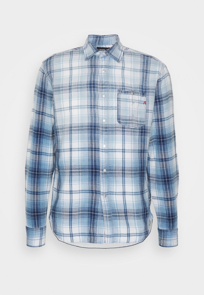 Knopfhemd mit blau-weißer Karomuster, langen Ärmeln, einer einzelnen Brusttasche und abgerundetem Saum. Hergestellt aus leichtem Stoff.