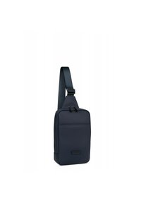 Borsa a tracolla blu navy realizzata in materiale testurizzato, con una superficie liscia, tracolla regolabile, tasca frontale e design minimalista.
