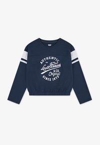 Mörkblå sweatshirt med lång ärm, elastisk nederkant, vita ränder på axlarna och ett framtryck som står "Authentic Levi Strauss & Co."