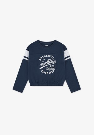 Sweatshirt bleu marine à manches longues, avec une finition élastique en bas, des rayures blanches sur les épaules et un imprimé à l'avant indiquant "Authentic Levi Strauss & Co."