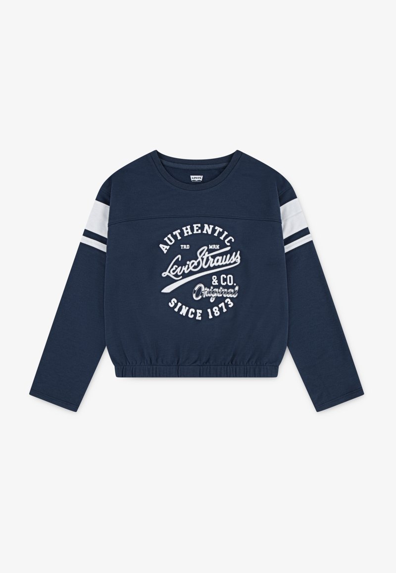 Mörkblå sweatshirt med lång ärm, elastisk nederkant, vita ränder på axlarna och ett framtryck som står "Authentic Levi Strauss & Co."