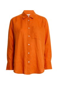 Oranje linnen shirt met een door knopen sluitende voorkant, puntige kraag, lange mouwen en een borstzak. Bevat witte knopen en heeft een relaxte pasvorm.
