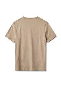 Světle hnědé bavlněné tričko, krátké rukávy, kulatý výstřih, minimalistický design, hladká textura, žádné viditelné vzory nebo detaily z kovu.