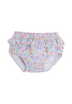 Bloemige zwemshorts voor kinderen met een lichtblauwe achtergrond, voorzien van ruches, kleurrijke bloemen en aardbeien verspreid over de stof.