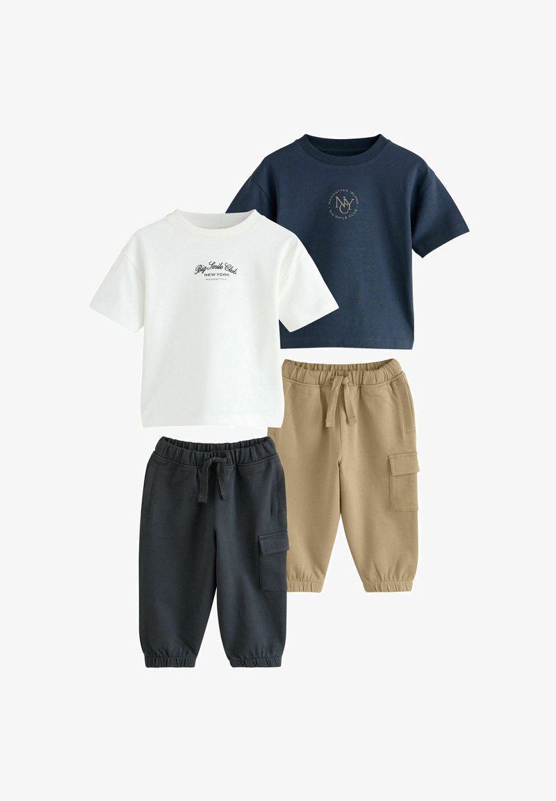 Two short-sleeve T-shirts, one white with black text and one navy with gold text, paired with beige and black cargo pants with elastic waistbands.