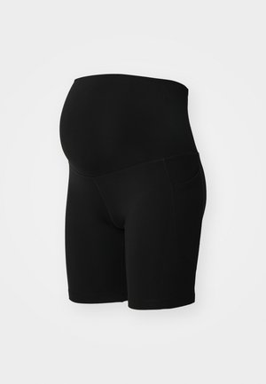 Sorte graviditetsshorts lavet af strækbart materiale, med høj talje, sidelommer og en glat tekstur.