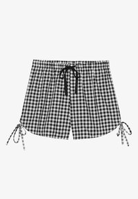 Black and white gingham shorts with an elastic waistband, adjustable tie sides, and a lightweight fabric featuring a checkered pattern.