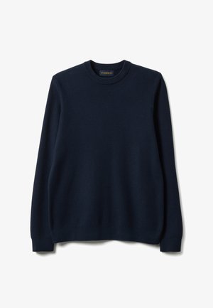 Maglione blu navy con trama, collo tondo, maniche lunghe e polsini e orlo a costine. Realizzato in morbido materiale a maglia.